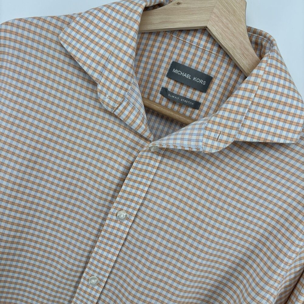 Michael Kors Mens M 15-15.5 Slim Fit Stretch Shirt Orange Blue Check